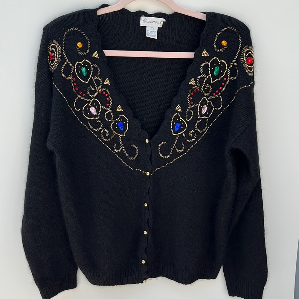 Vintage 80’s Jeweled Black Cardigan Lambswool Sz L